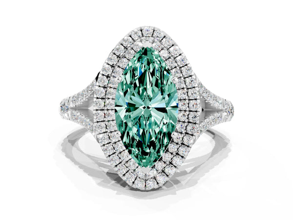 Silver Double Halo Marquise Cut Green Sapphire Pavé Split Shank Ring with Prong Setting
