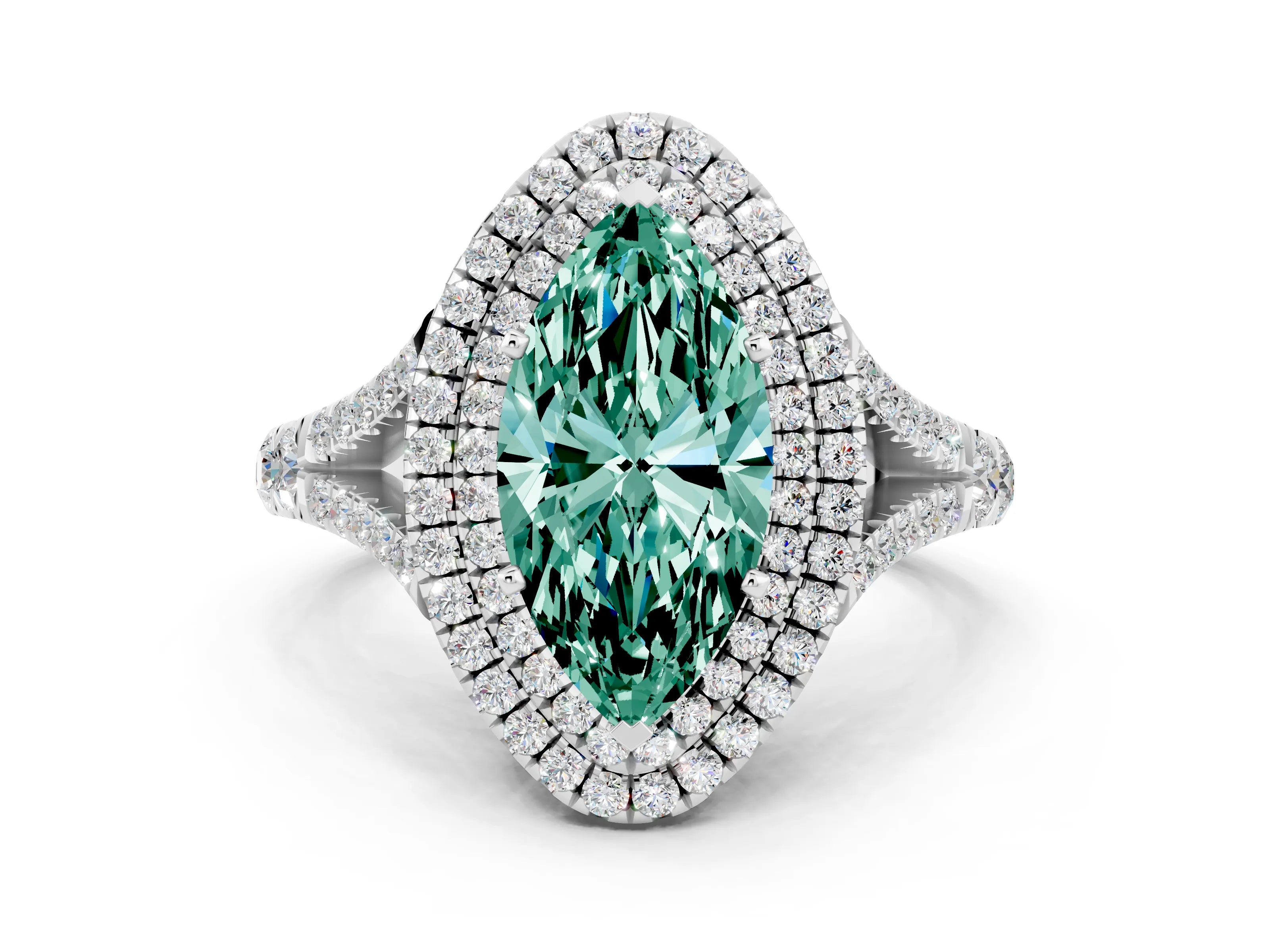 White gold Double Halo Marquise Cut Green Sapphire Split Shank Engagement Ring with Four-Prong Setting