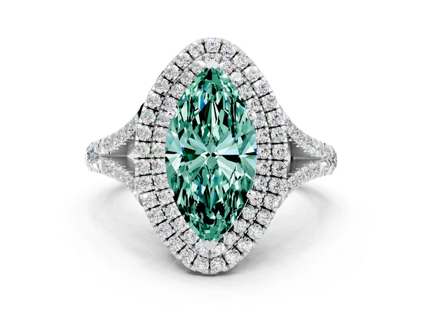 Platinum Double Halo Marquise Cut Green Sapphire Split Shank Engagement Ring with Four-Prong Setting