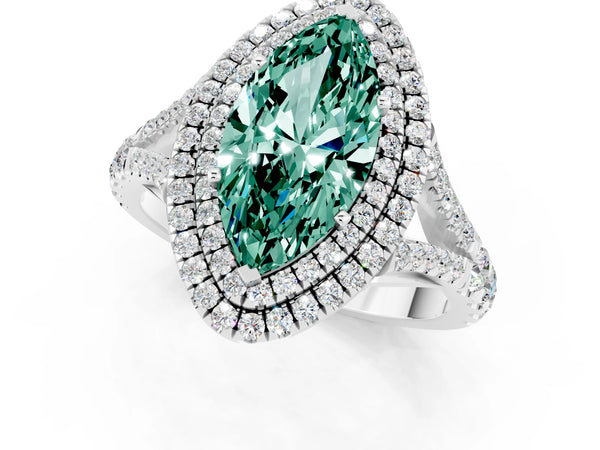 Platinum Double Halo Marquise Cut Green Sapphire Split Shank Engagement Ring with Four-Prong Setting