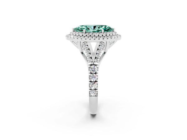 Platinum Double Halo Marquise Cut Green Sapphire Split Shank Engagement Ring with Four-Prong Setting