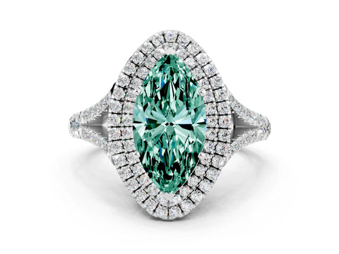 White gold Double Halo Marquise Cut Green Sapphire Split Shank Engagement Ring with Four-Prong Setting