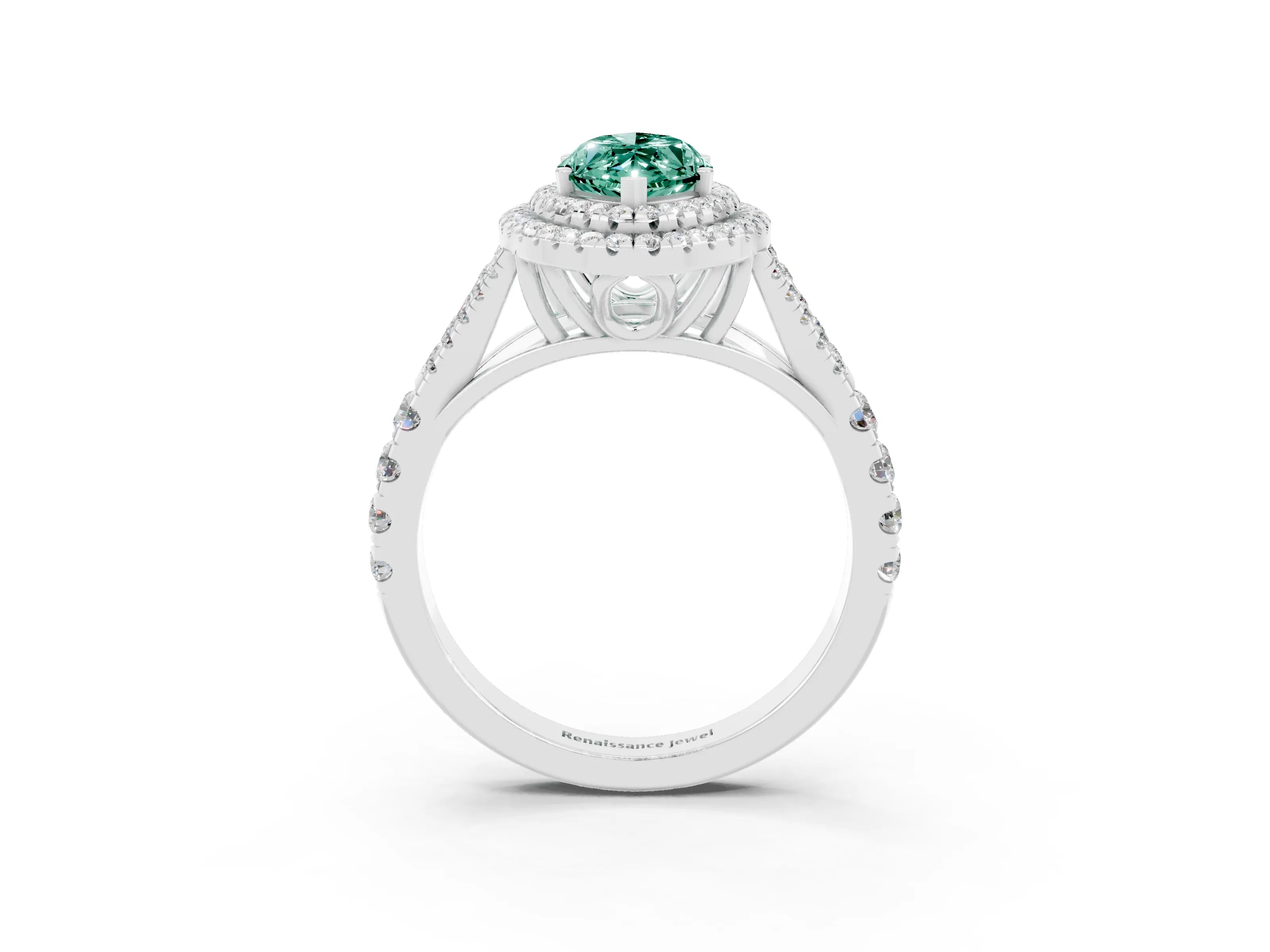 White gold Double Halo Marquise Cut Green Sapphire Split Shank Engagement Ring with Four-Prong Setting_3