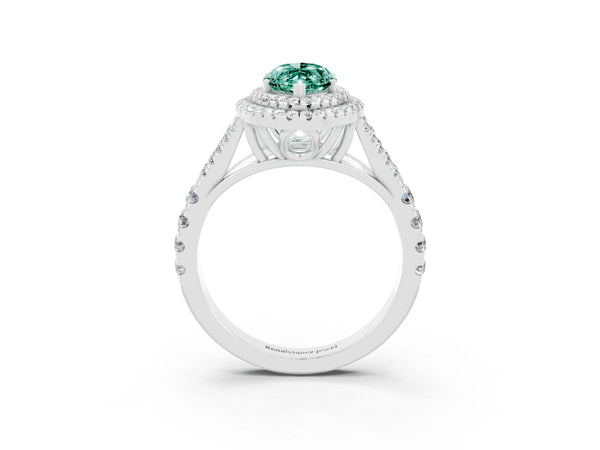White gold Double Halo Marquise Cut Green Sapphire Split Shank Engagement Ring with Four-Prong Setting