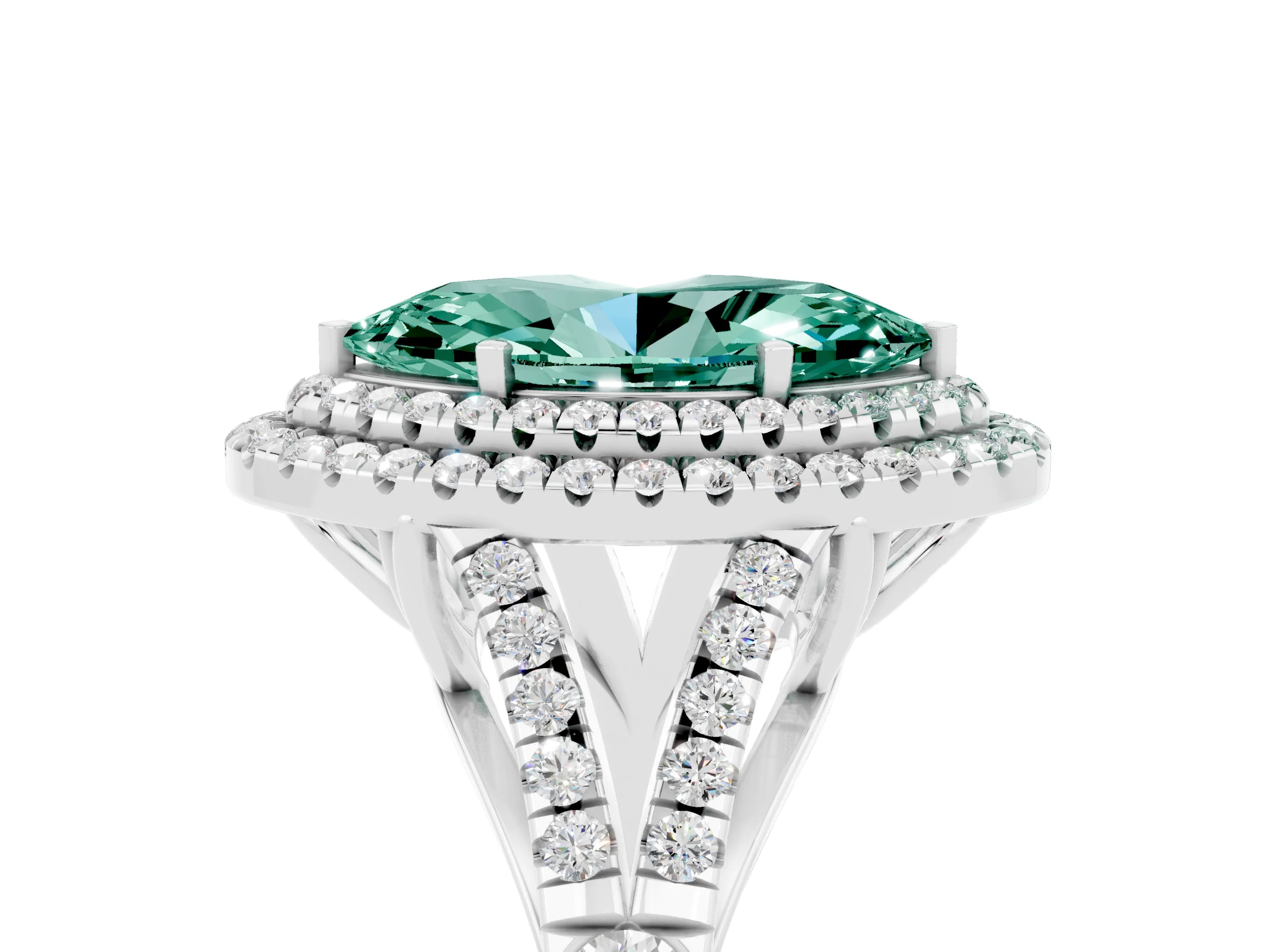 White gold Double Halo Marquise Cut Green Sapphire Split Shank Engagement Ring with Four-Prong Setting_5
