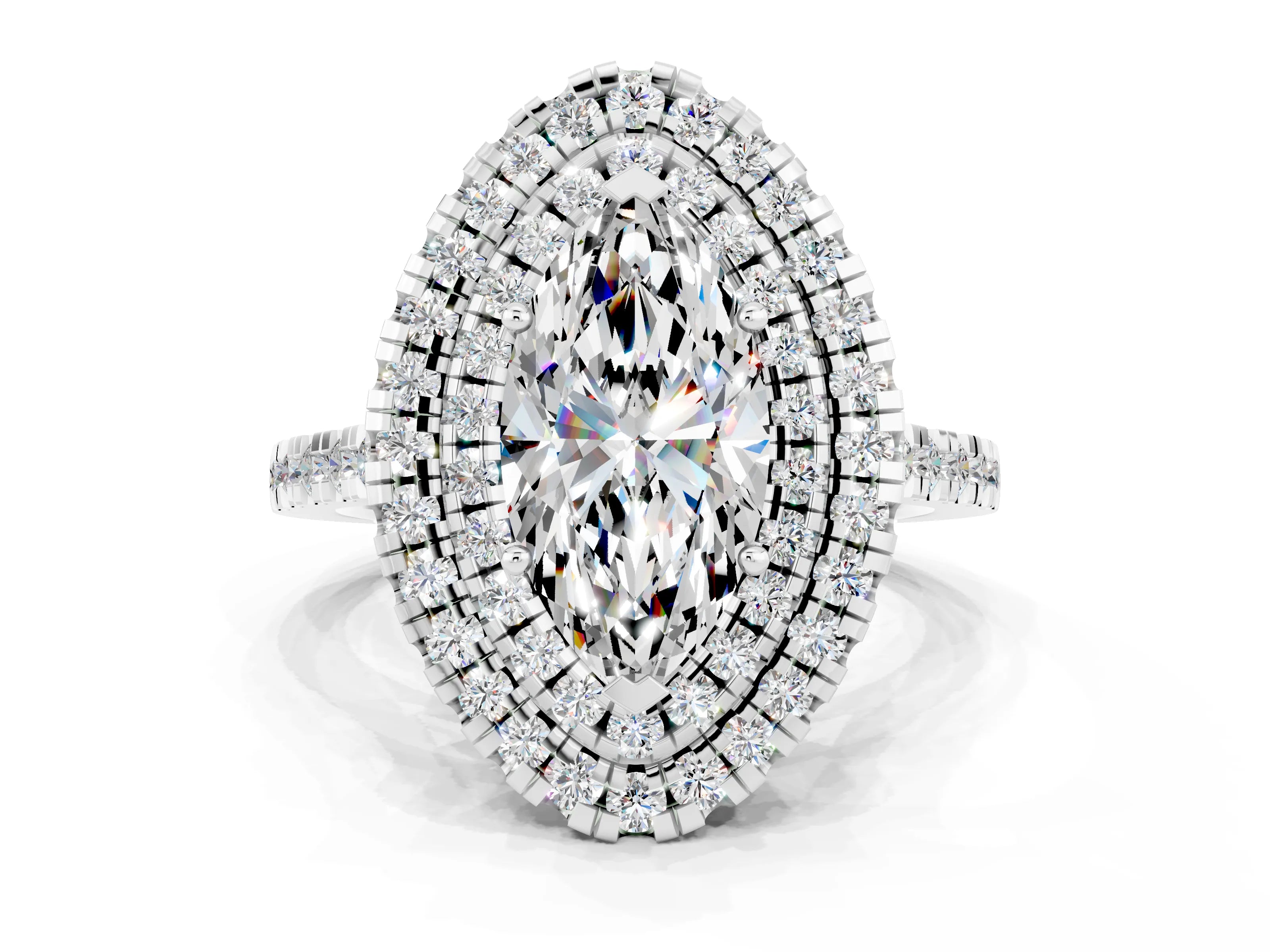 White gold Double Halo Marquise Cut Moissanite Pavé Band with Four-Prong Setting