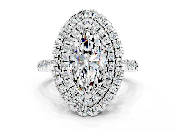 Platinum Double Halo Marquise Cut Moissanite Pavé Band with Four-Prong Setting