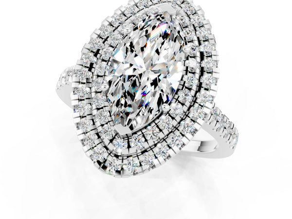 Platinum Double Halo Marquise Cut Moissanite Pavé Band with Four-Prong Setting