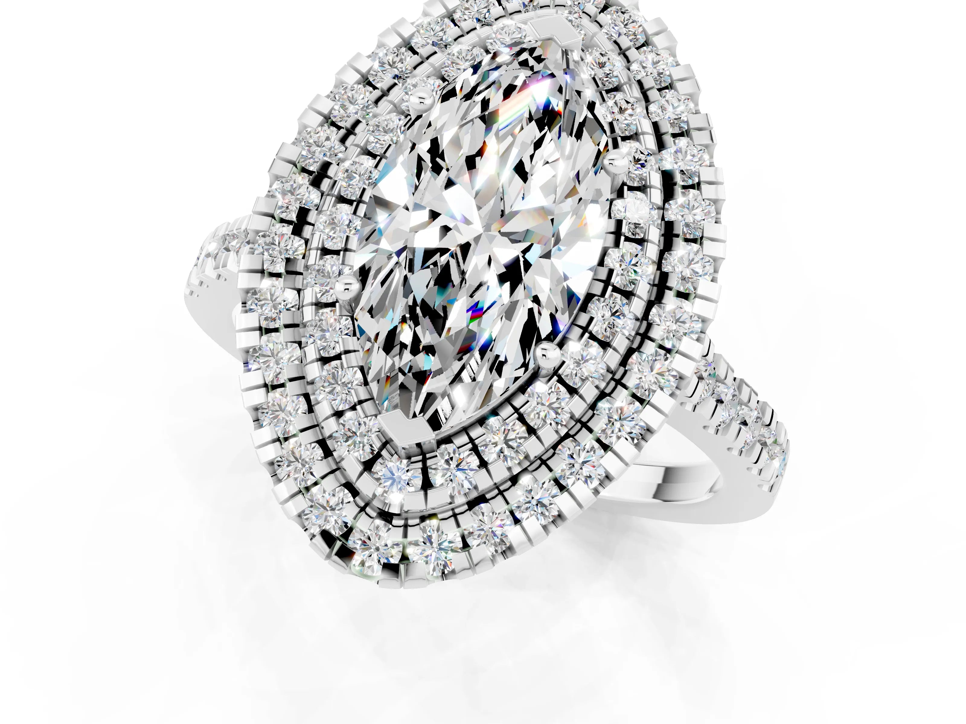 White gold Double Halo Marquise Cut Moissanite Pavé Band with Four-Prong Setting_1