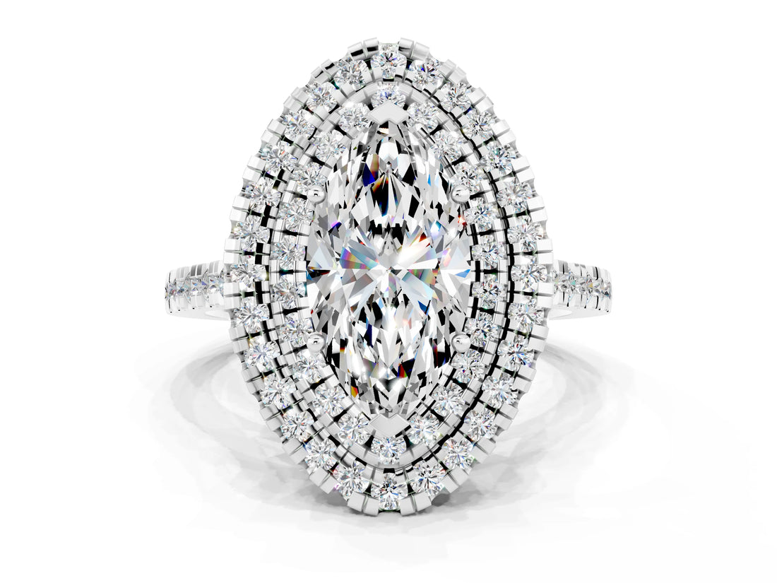 White gold Double Halo Marquise Cut Moissanite Pavé Band with Four-Prong Setting