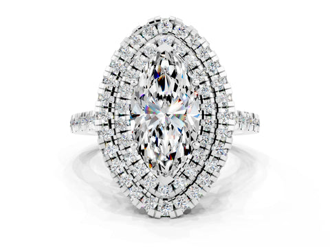 White gold Double Halo Marquise Cut Moissanite Pavé Band with Four-Prong Setting