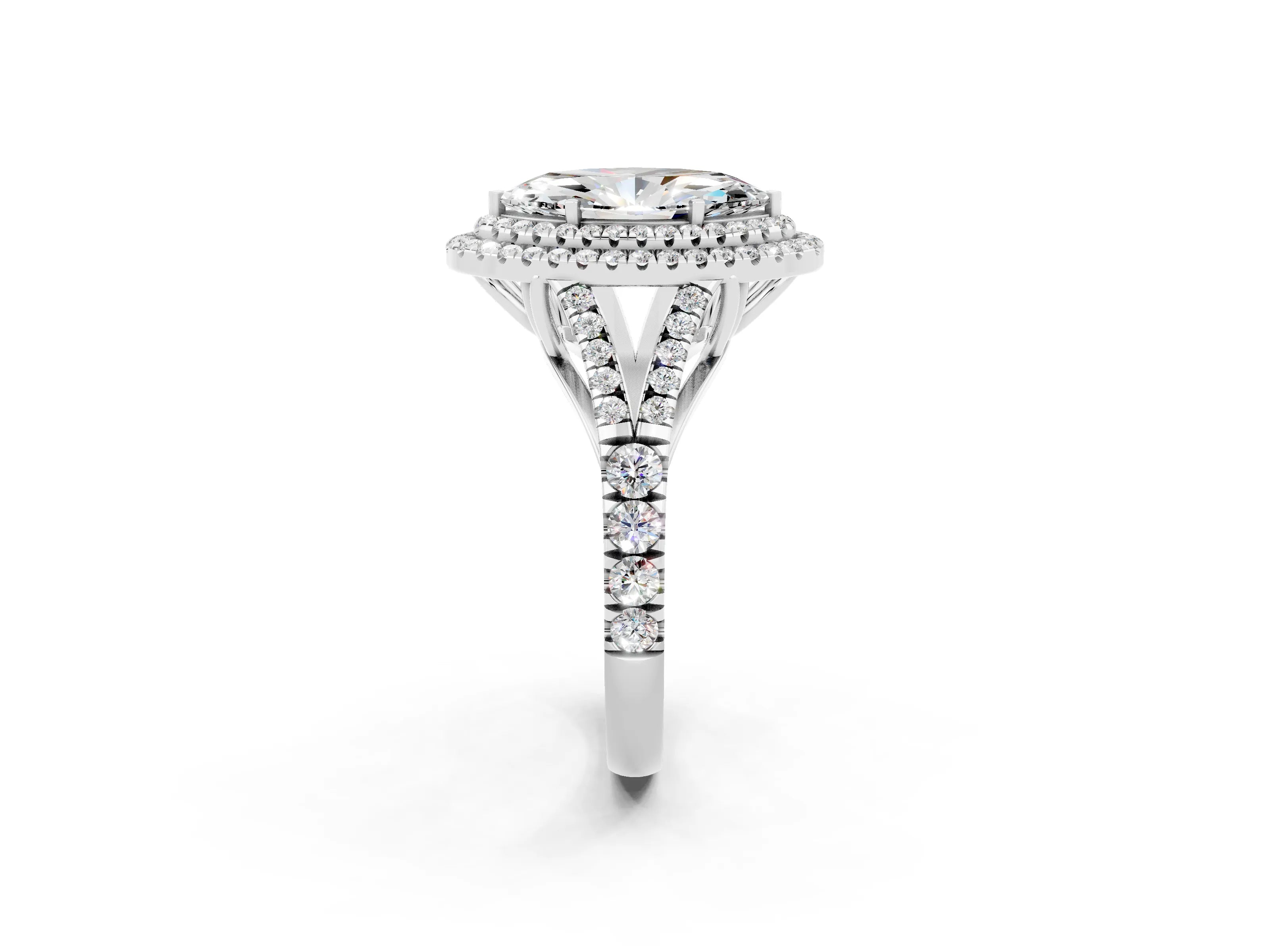 White gold Double Halo Marquise Cut Moissanite Pavé Split Shank Ring with Prong Setting_2