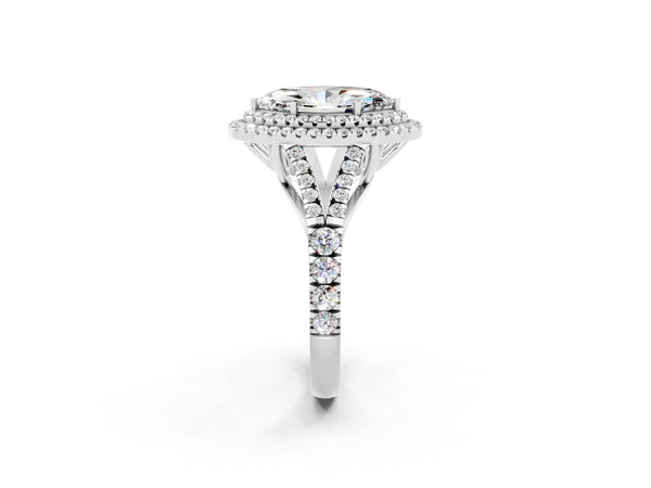 Silver Double Halo Marquise Cut Moissanite Pavé Split Shank Ring with Prong Setting