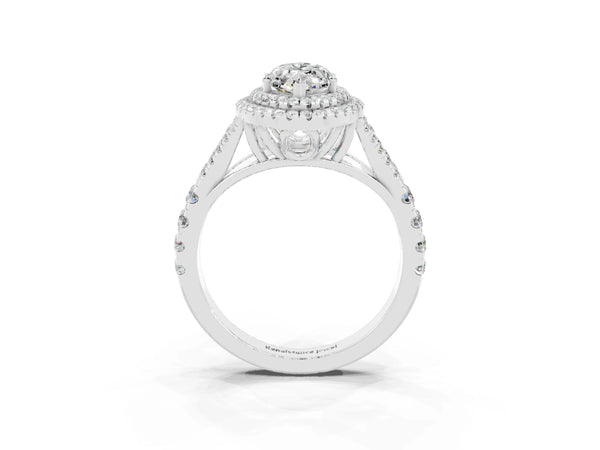 Platinum Double Halo Marquise Cut Moissanite Pavé Split Shank Ring with Prong Setting