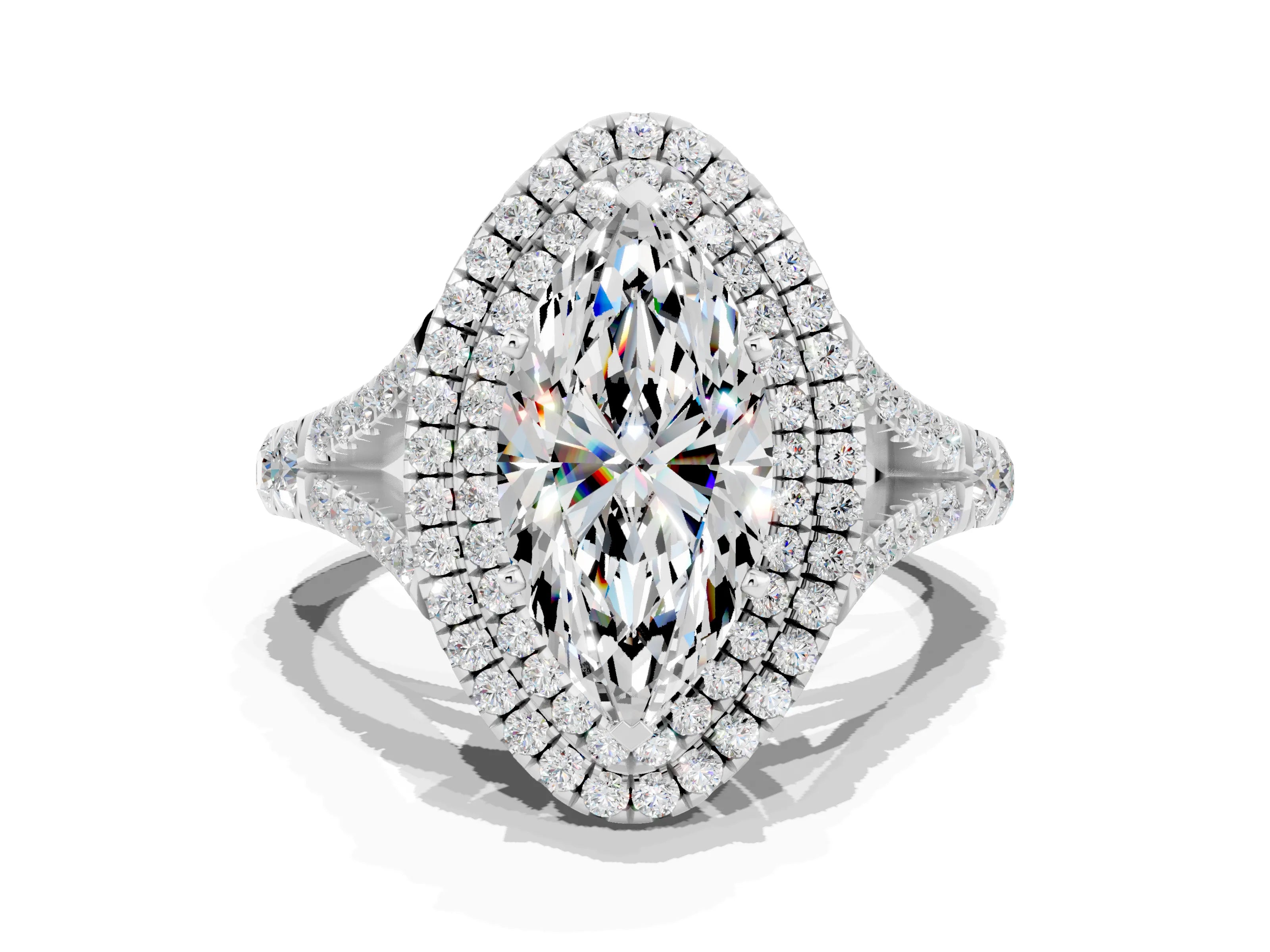 White gold Double Halo Marquise Cut Moissanite Pavé Split Shank Ring with Prong Setting