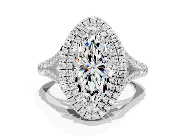 Silver Double Halo Marquise Cut Moissanite Pavé Split Shank Ring with Prong Setting