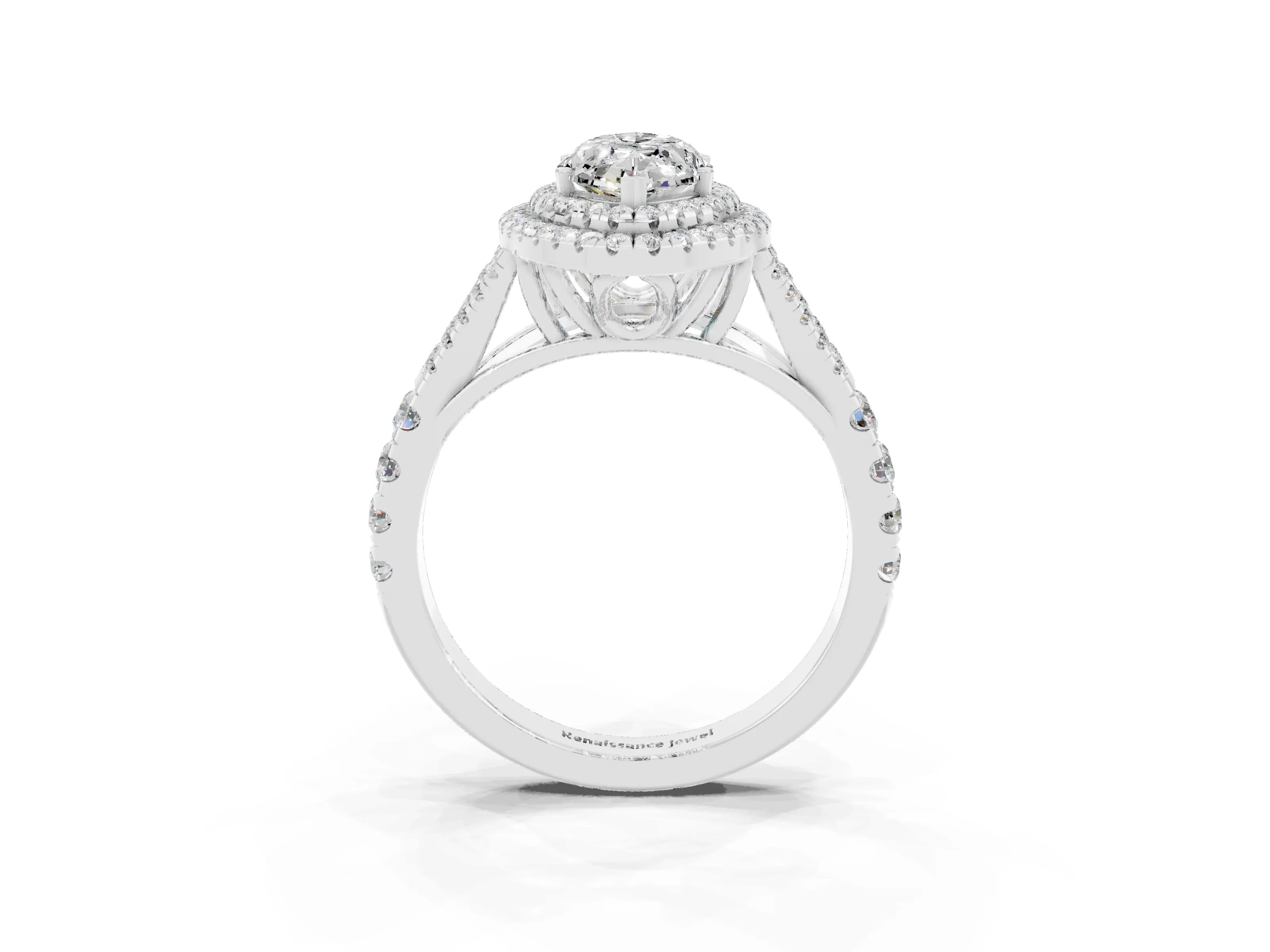 White gold Double Halo Marquise Cut Moissanite Pavé Split Shank Ring with Prong Setting_3
