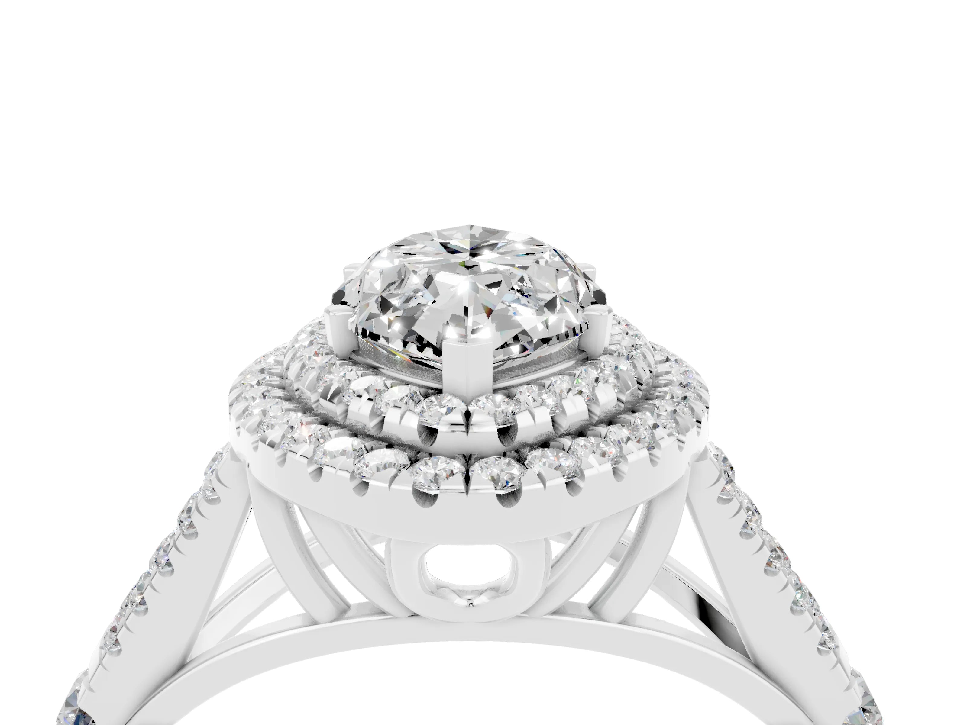 White gold Double Halo Marquise Cut Moissanite Pavé Split Shank Ring with Prong Setting_4