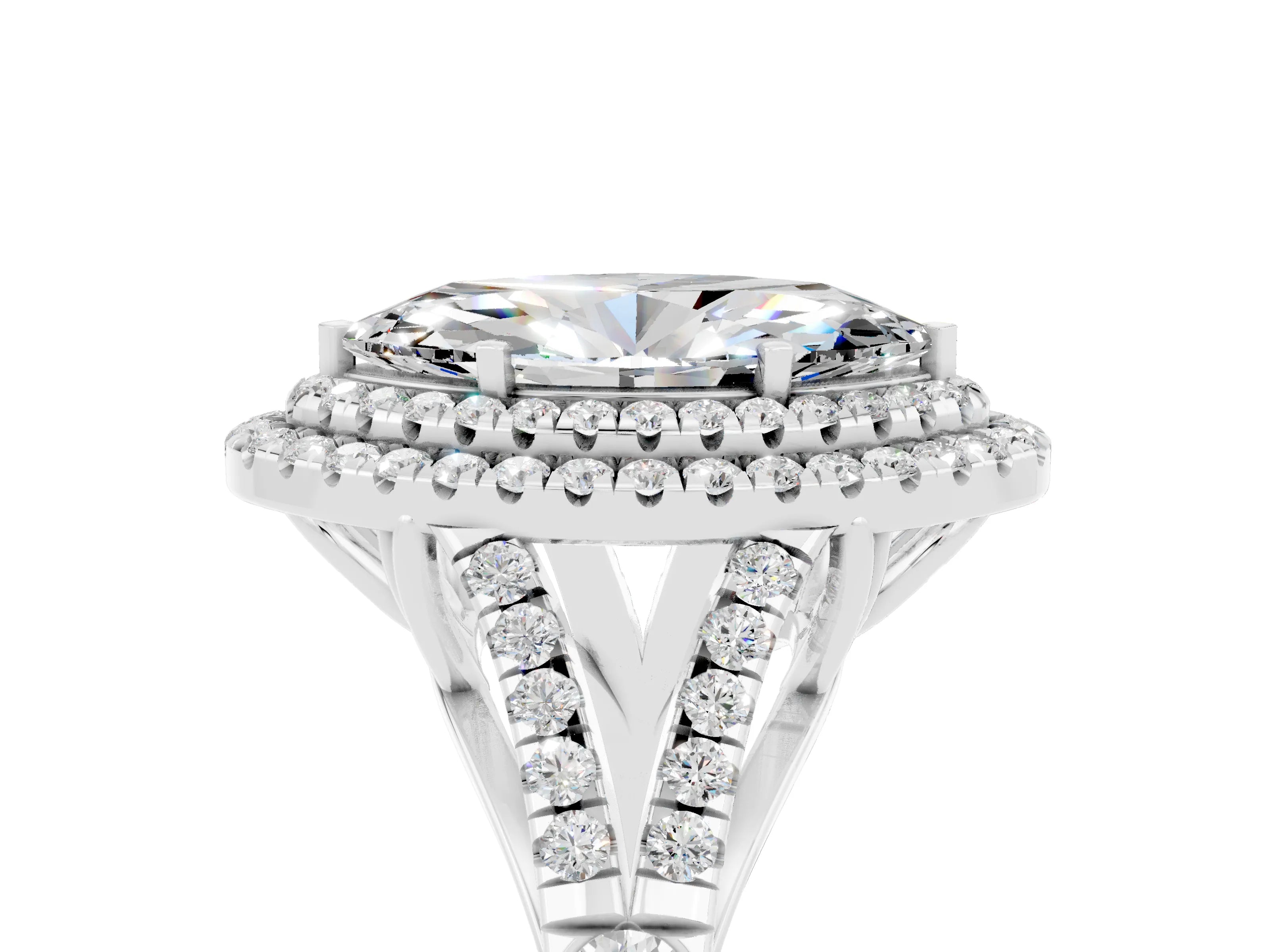 White gold Double Halo Marquise Cut Moissanite Pavé Split Shank Ring with Prong Setting_5