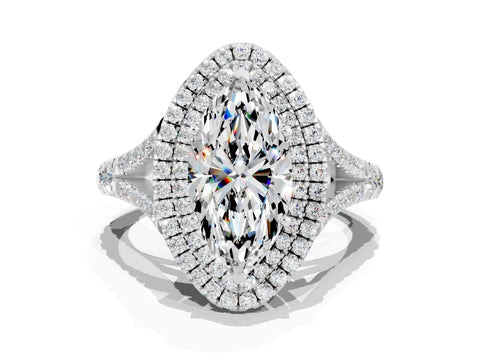 White gold Double Halo Marquise Cut Moissanite Pavé Split Shank Ring with Prong Setting