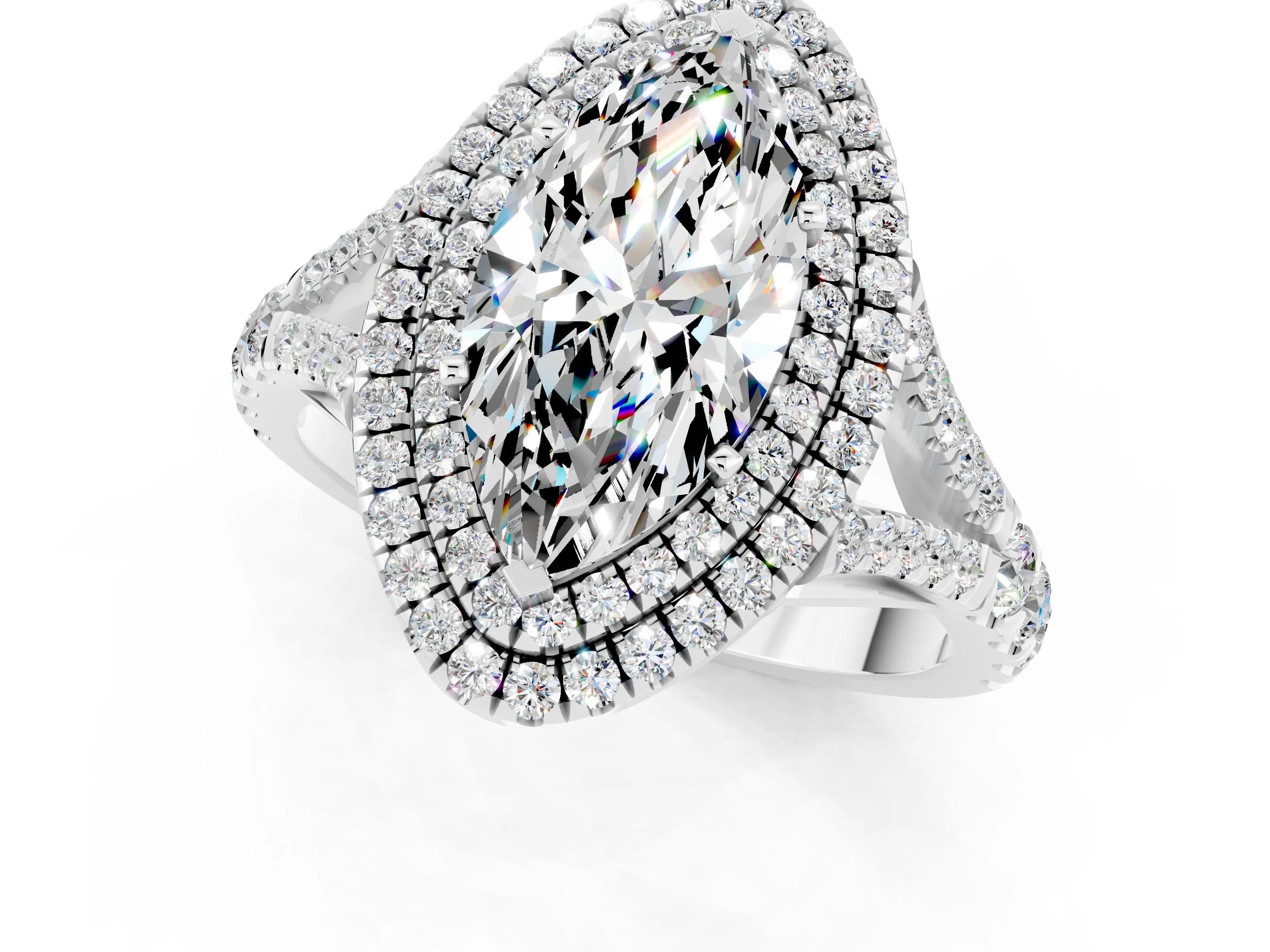 White gold Double Halo Marquise Cut Moissanite Split Shank Engagement Ring with Four-Prong Setting_1