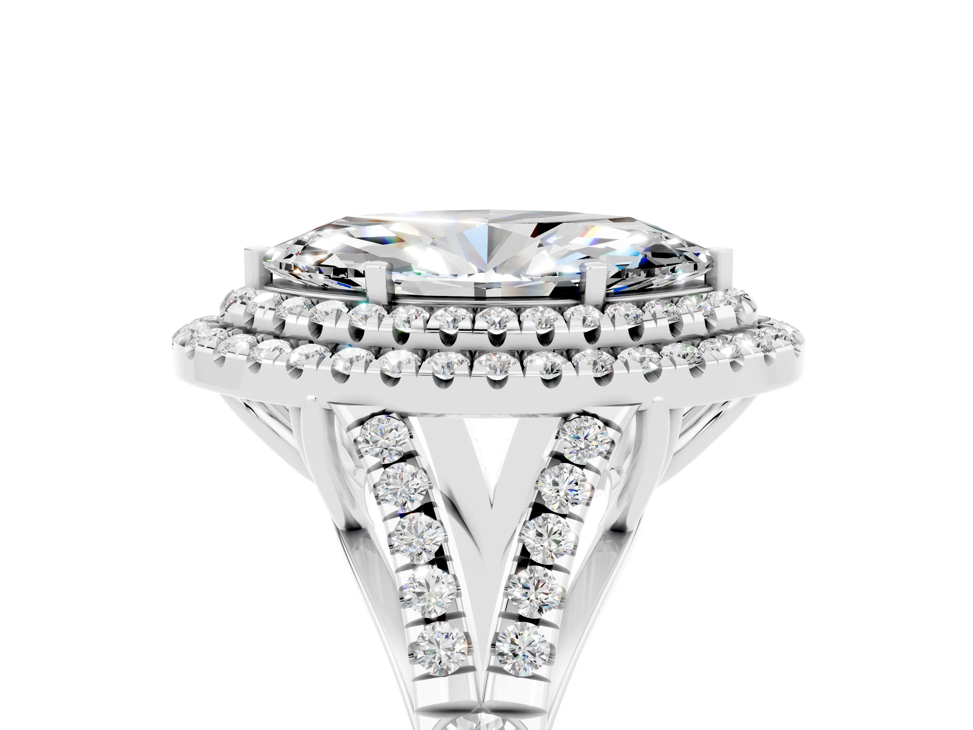 White gold Double Halo Marquise Cut Moissanite Split Shank Engagement Ring with Four-Prong Setting_5