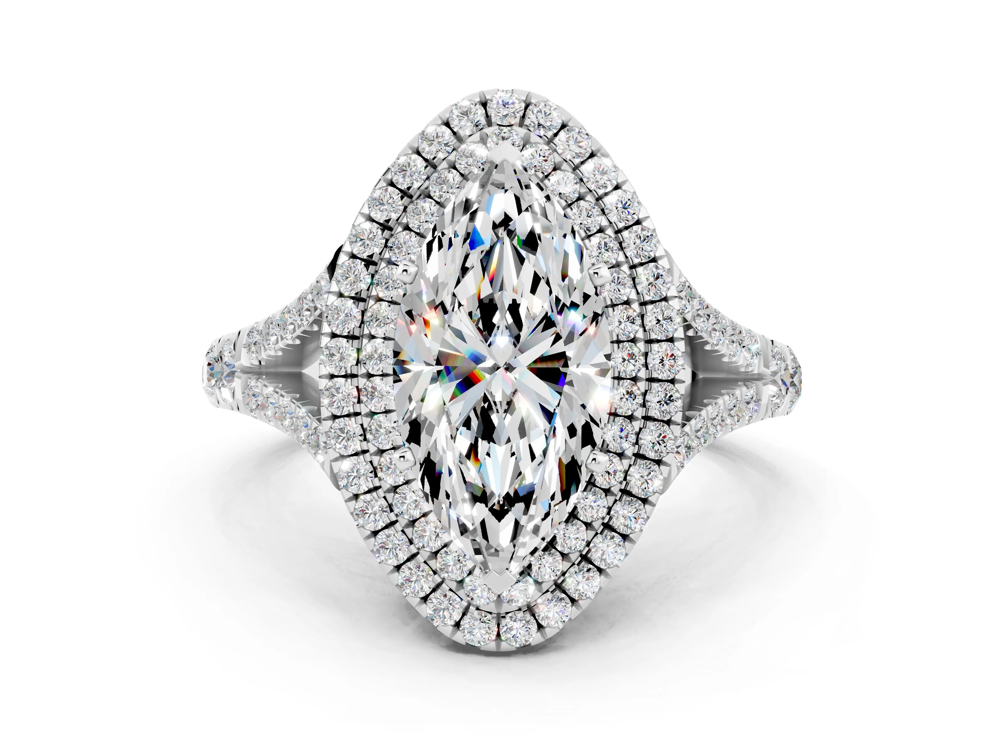 White gold Double Halo Marquise Cut Moissanite Split Shank Engagement Ring with Four-Prong Setting