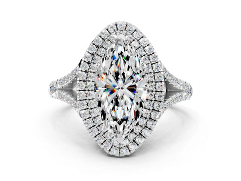 White gold Double Halo Marquise Cut Moissanite Split Shank Engagement Ring with Four-Prong Setting