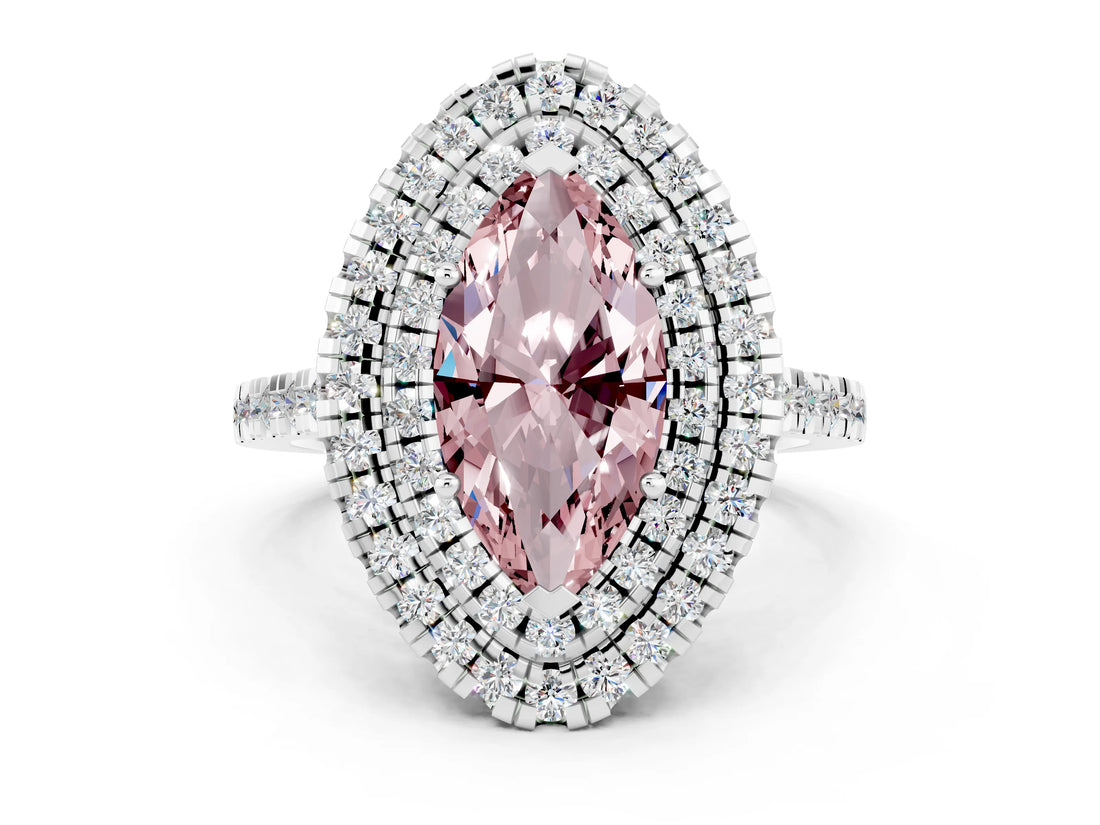 White gold Double Halo Marquise Cut Morganite Pavé Band with Four-Prong Setting