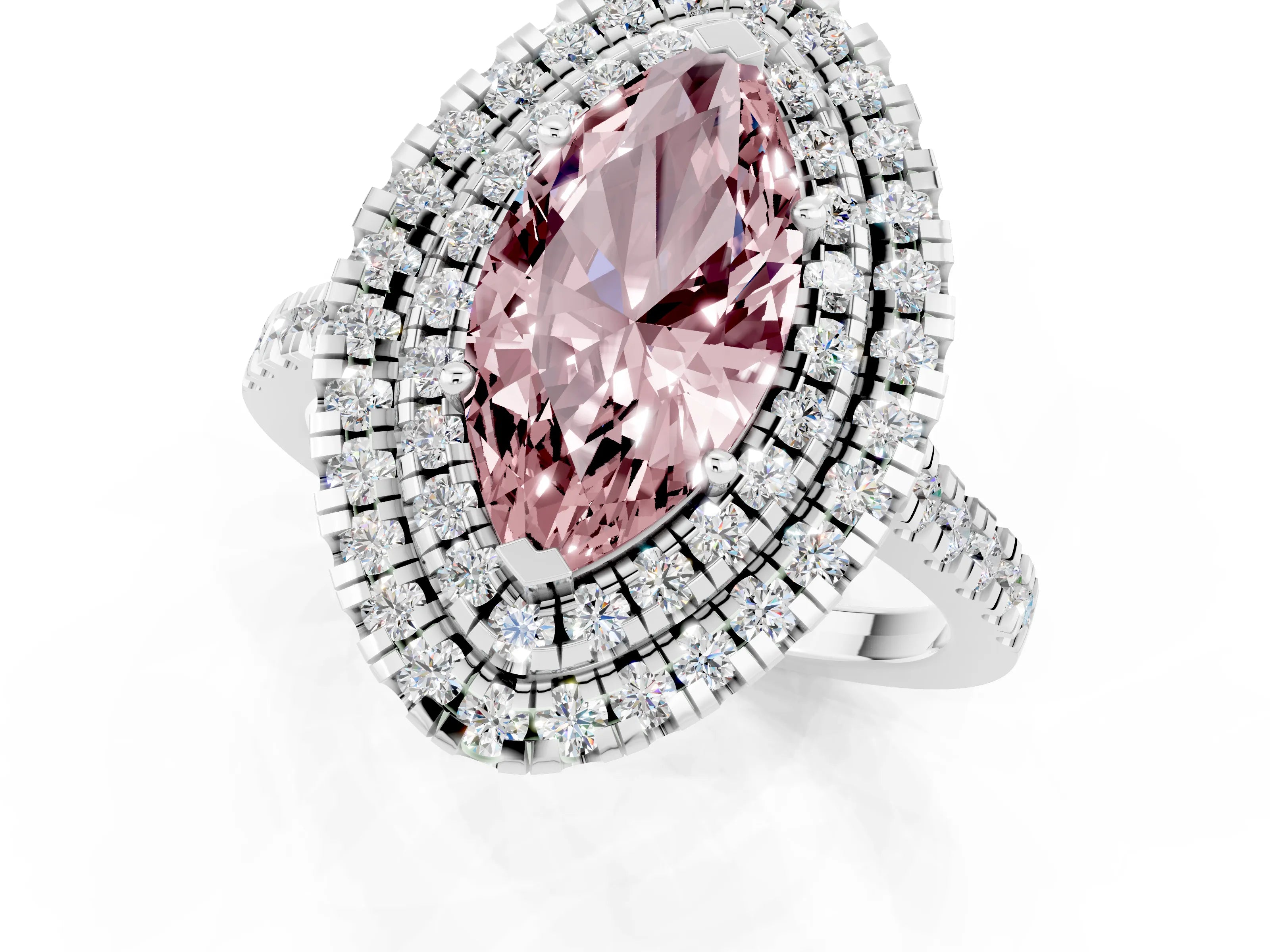 White gold Double Halo Marquise Cut Morganite Pavé Band with Four-Prong Setting_1