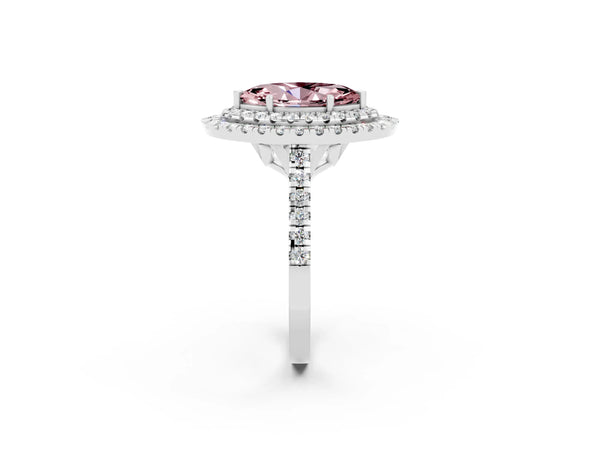 White gold Double Halo Marquise Cut Morganite Pavé Band with Four-Prong Setting