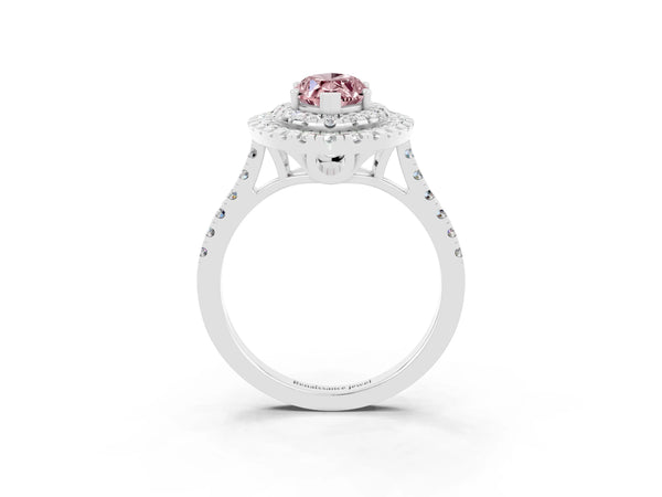 White gold Double Halo Marquise Cut Morganite Pavé Band with Four-Prong Setting