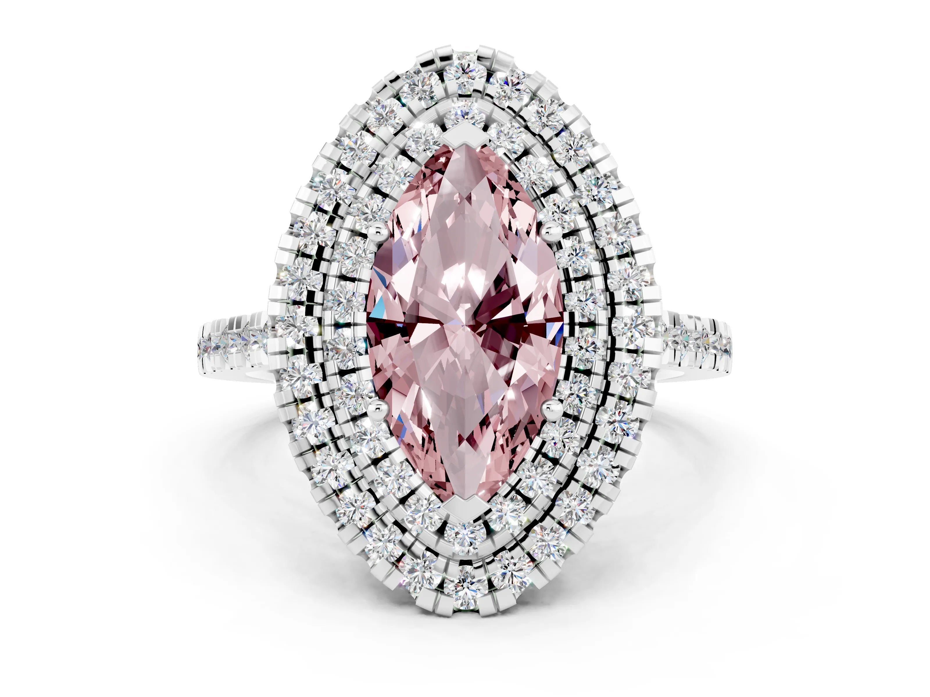 White gold Double Halo Marquise Cut Morganite Pavé Band with Four-Prong Setting