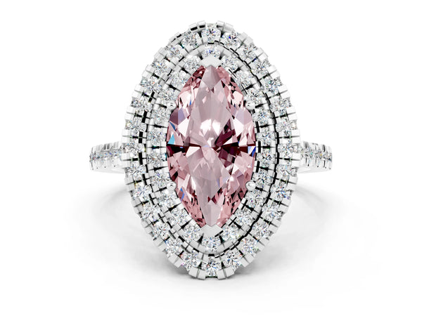 Silver Double Halo Marquise Cut Morganite Pavé Band with Four-Prong Setting