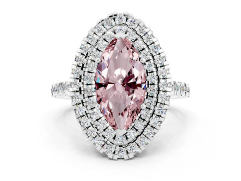 White gold Double Halo Marquise Cut Morganite Pavé Band with Four-Prong Setting
