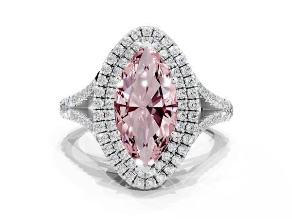 Platinum Double Halo Marquise Cut Morganite Pavé Split Shank Ring with Prong Setting