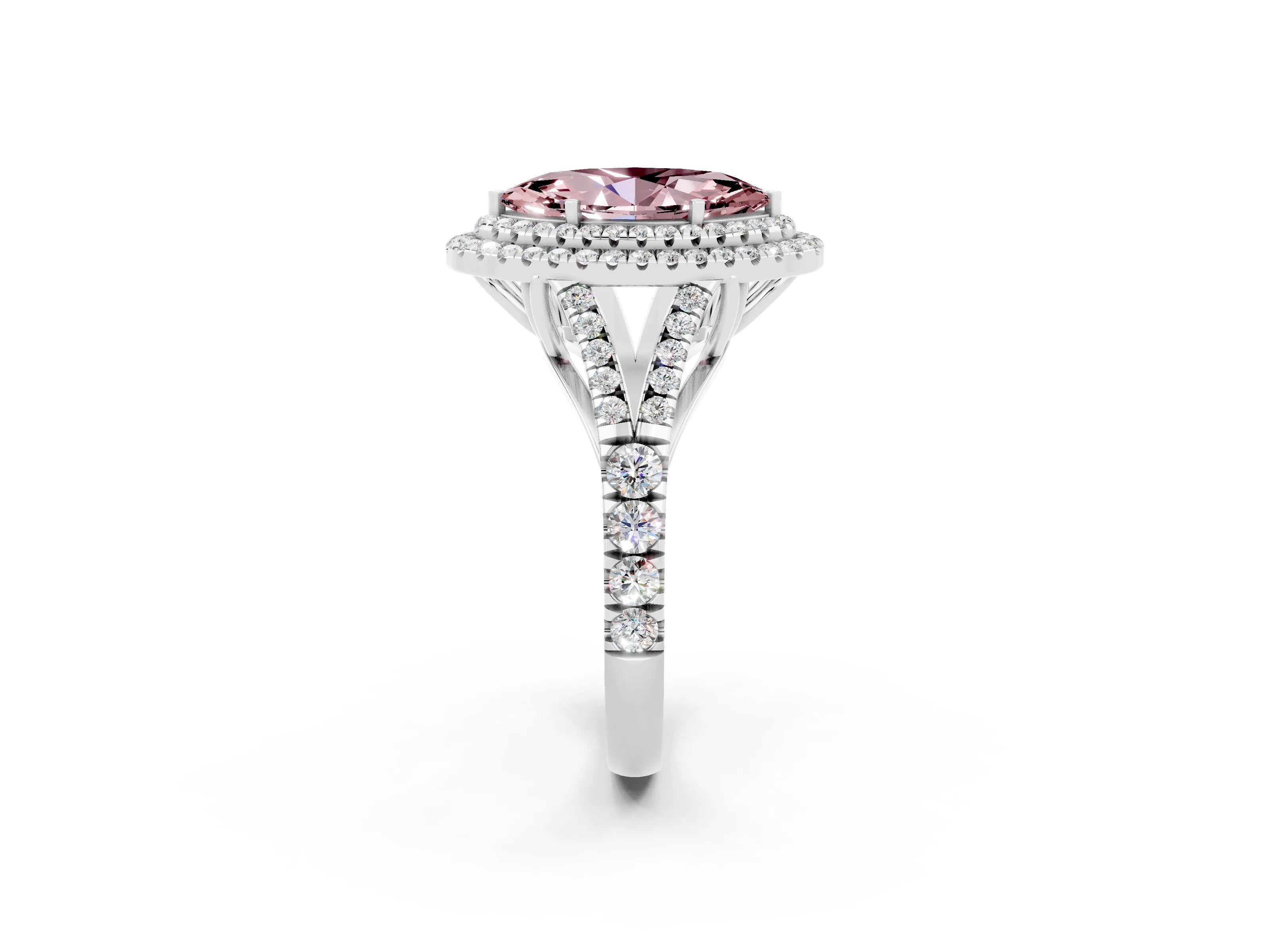 White gold Double Halo Marquise Cut Morganite Pavé Split Shank Ring with Prong Setting_2