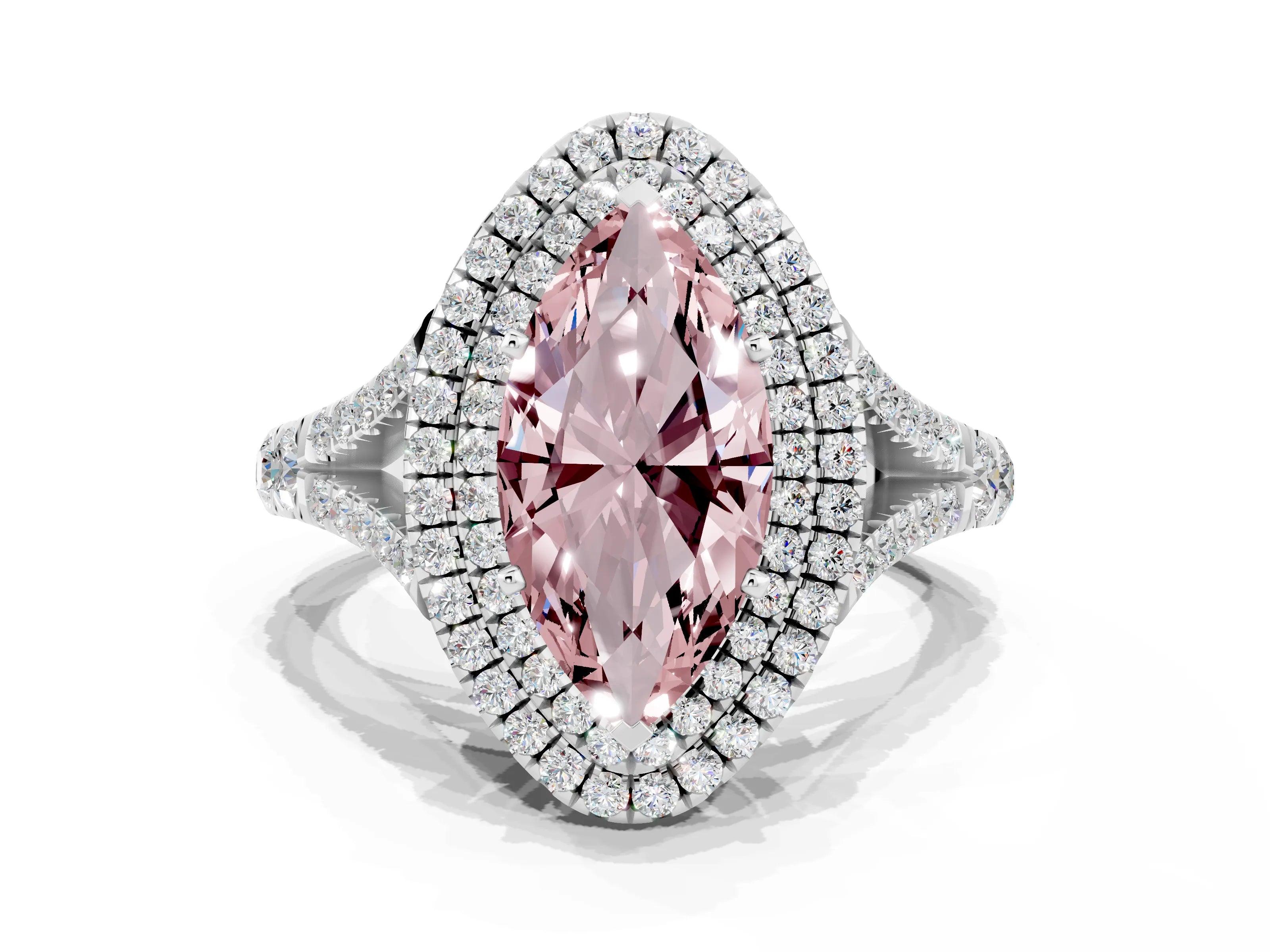 White gold Double Halo Marquise Cut Morganite Pavé Split Shank Ring with Prong Setting