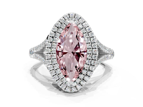 White gold Double Halo Marquise Cut Morganite Pavé Split Shank Ring with Prong Setting