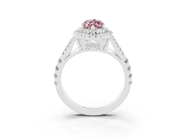 Silver Double Halo Marquise Cut Morganite Pavé Split Shank Ring with Prong Setting