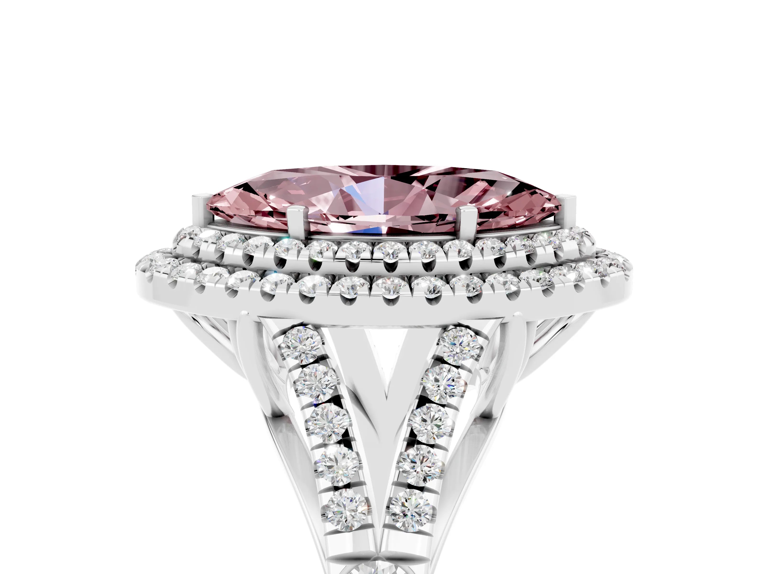 White gold Double Halo Marquise Cut Morganite Pavé Split Shank Ring with Prong Setting_5