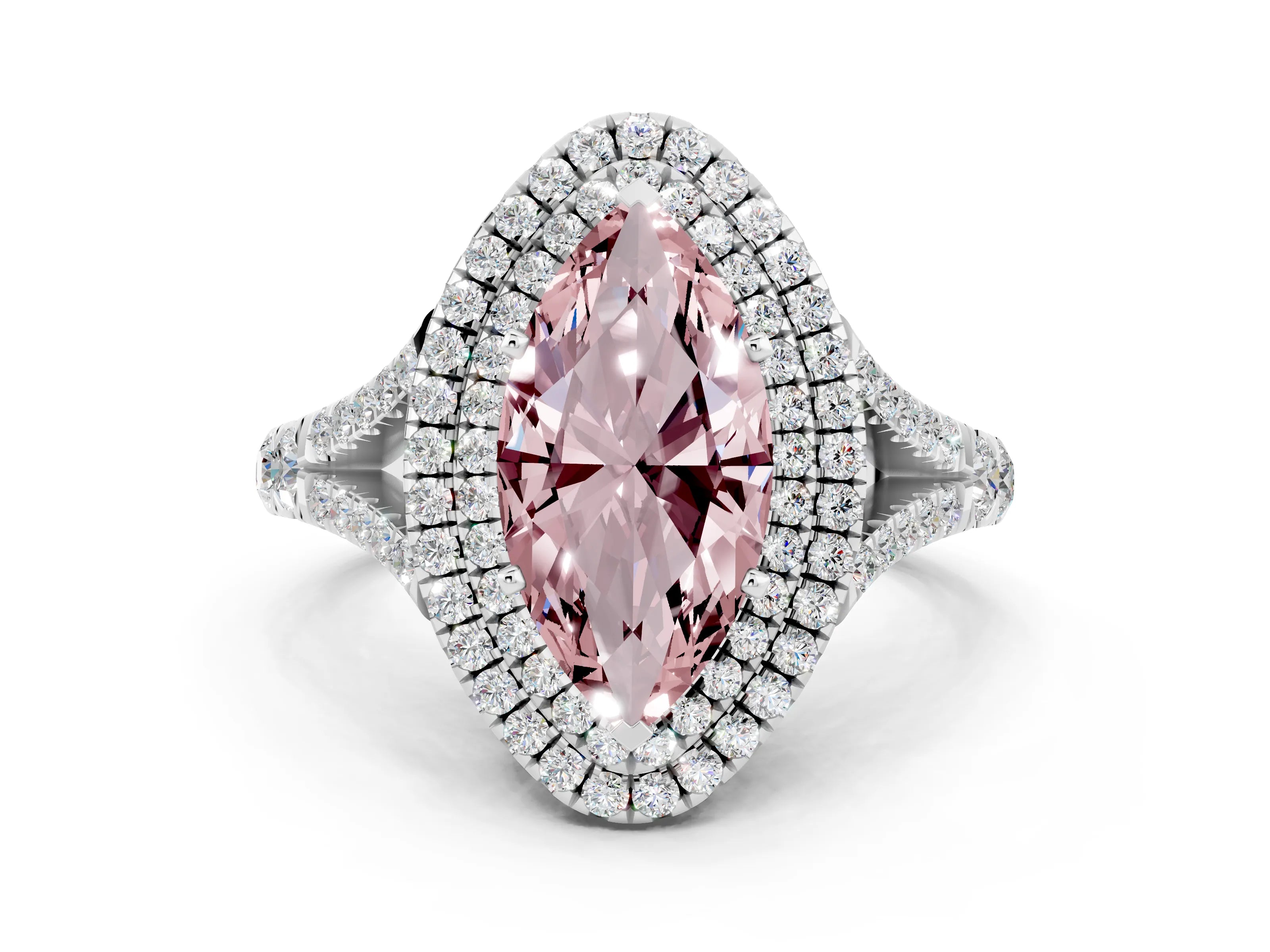 White gold Double Halo Marquise Cut Morganite Split Shank Engagement Ring with Four-Prong Setting