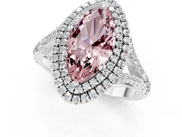 Platinum Double Halo Marquise Cut Morganite Split Shank Engagement Ring with Four-Prong Setting