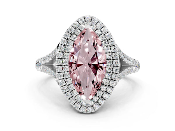 Silver Double Halo Marquise Cut Morganite Split Shank Engagement Ring with Four-Prong Setting
