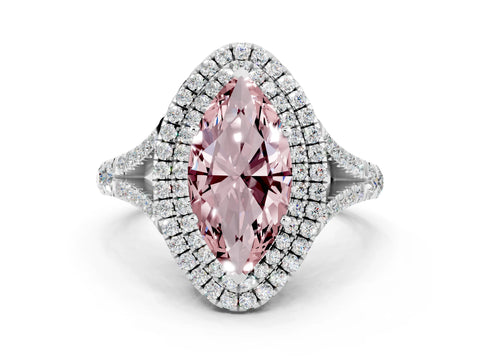 White gold Double Halo Marquise Cut Morganite Split Shank Engagement Ring with Four-Prong Setting