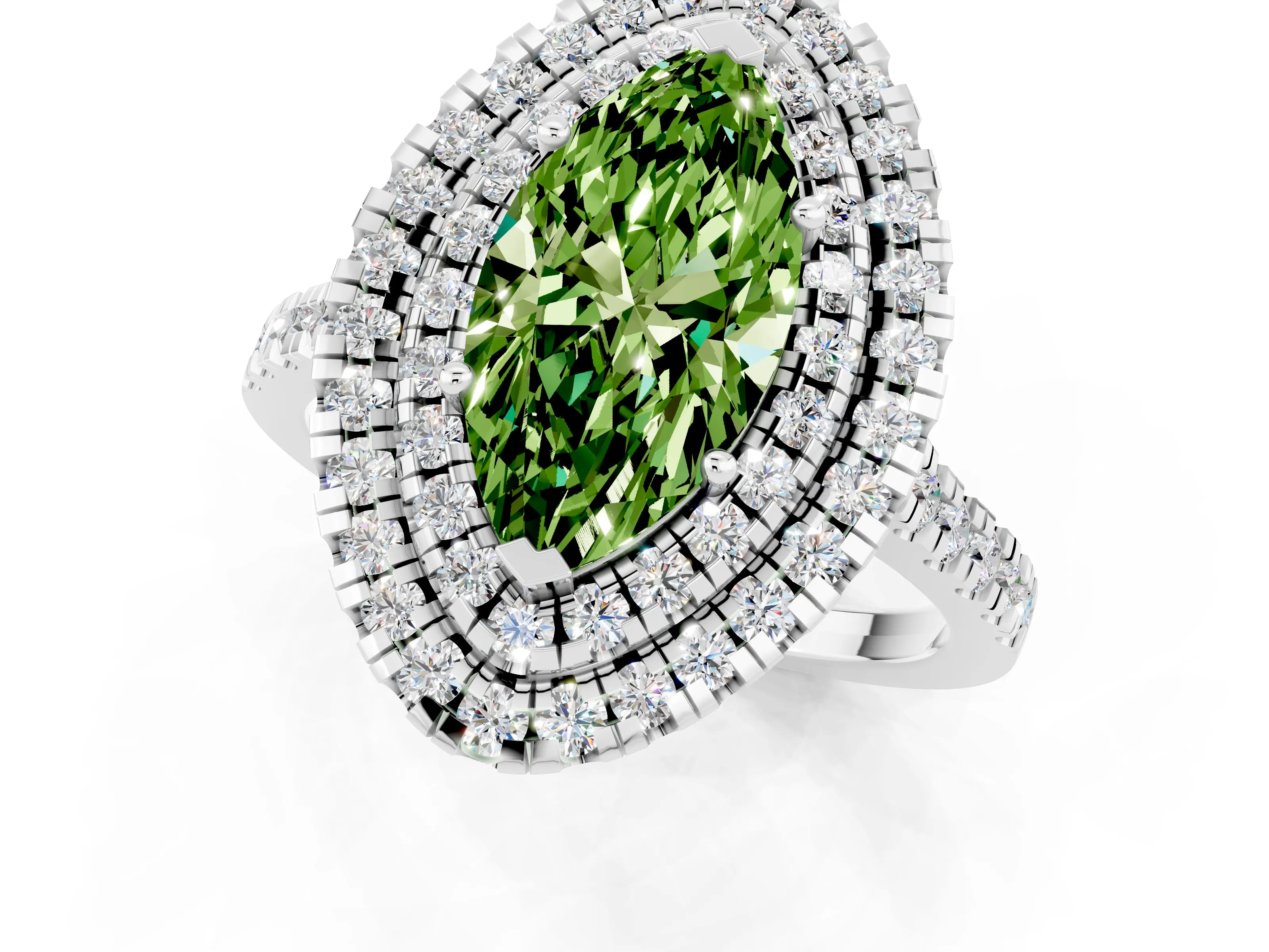 White gold Double Halo Marquise Cut Peridot Pavé Band with Four-Prong Setting_1