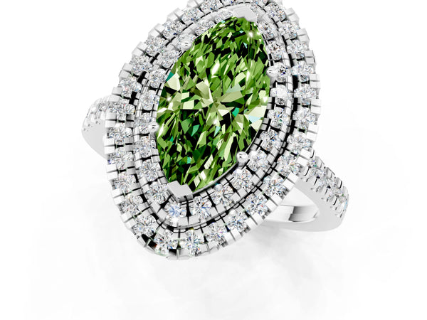 Platinum Double Halo Marquise Cut Peridot Pavé Band with Four-Prong Setting