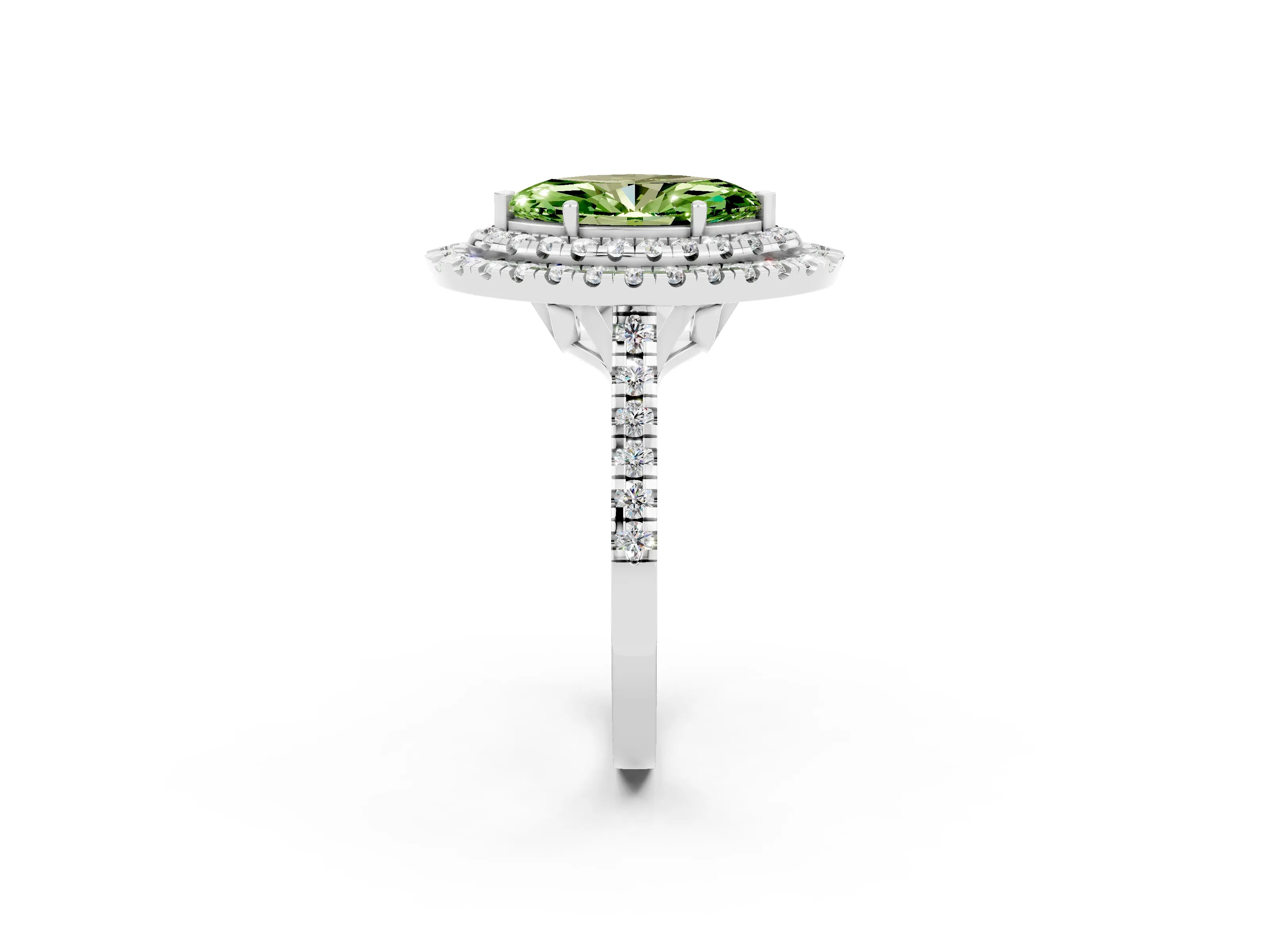 White gold Double Halo Marquise Cut Peridot Pavé Band with Four-Prong Setting_2