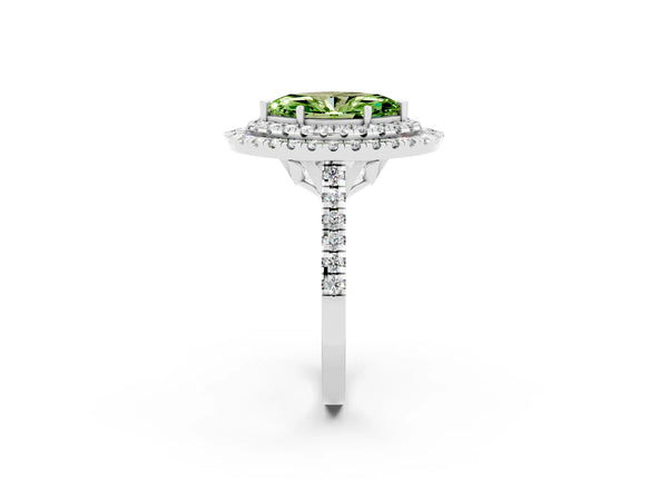 White gold Double Halo Marquise Cut Peridot Pavé Band with Four-Prong Setting