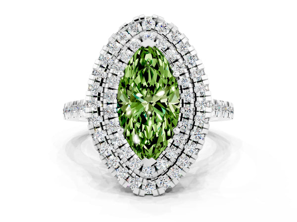 Silver Double Halo Marquise Cut Peridot Pavé Band with Four-Prong Setting